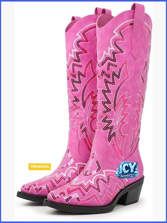 Shoes - Sequin Embroidered Mid Calf Western Cowboy Boots Chunky Block Heel Pointed Toe